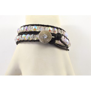 2 rows leather and glass beads bracelet black and multi color
